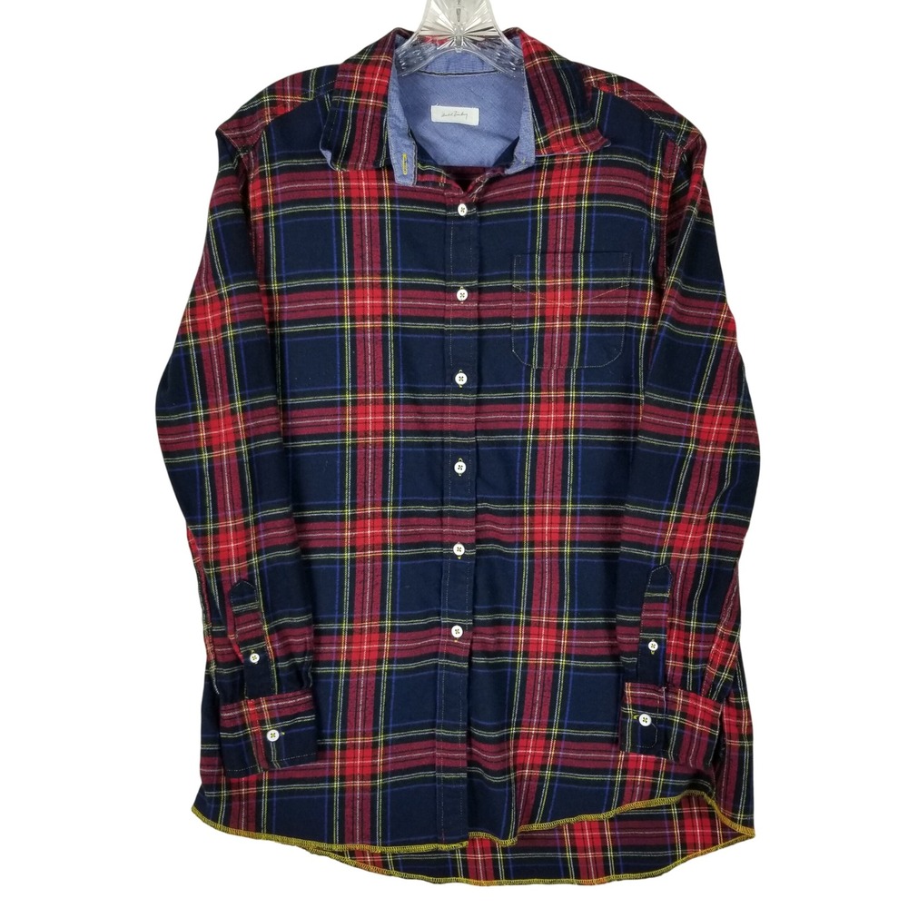 Arnold Zimberg Button Up Shirt Womens S Navy Red Plaid Cotton Flannel Long Slv
